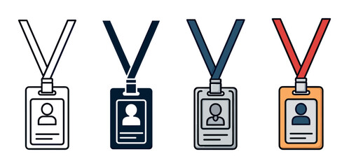 ID badge icon set with lanyards showing four different design styles including line art, solid glyph, and colorful cartoon illustrations for corporate identity and security concepts