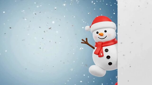 Friendly snowman in Santa hat peeking from behind wall on snowy day