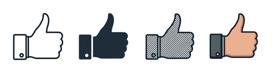 Set of four thumbs up icons showing approval, with different design styles including outline, solid fill, hatched pattern, and a full color vector illustration for social media