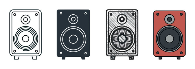 Set of four audio speaker illustrations showing different graphic styles including outline, silhouette, hand-drawn sketch, and flat color design for music and sound concepts