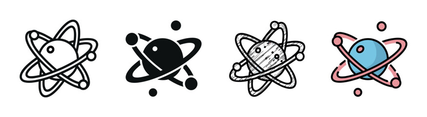 Set of four atom icons in different graphic styles including outline, solid glyph, hand-drawn sketch, and color, illustrating science, physics, and technology concepts