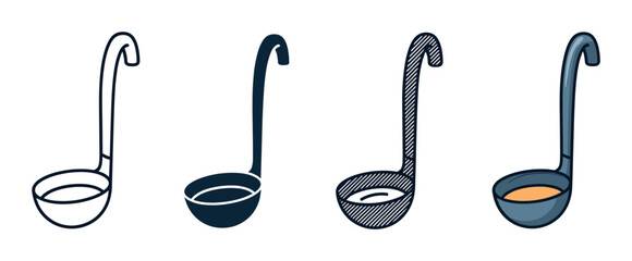 Set of four soup ladle icons showing different graphic styles including line art, glyph, sketch, and a full color cartoon illustration for cooking and food concepts