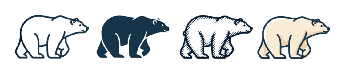 Set of four polar bear illustrations shows different graphic styles including minimalist line art, a solid silhouette, a sketched version, and a simple color fill