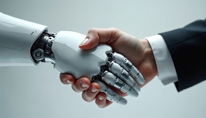 Human hand and robot hand shake in agreement. Shows future tech partnership and collaboration for business. Represents AI integration and digital advancement. Shows trust and connection.