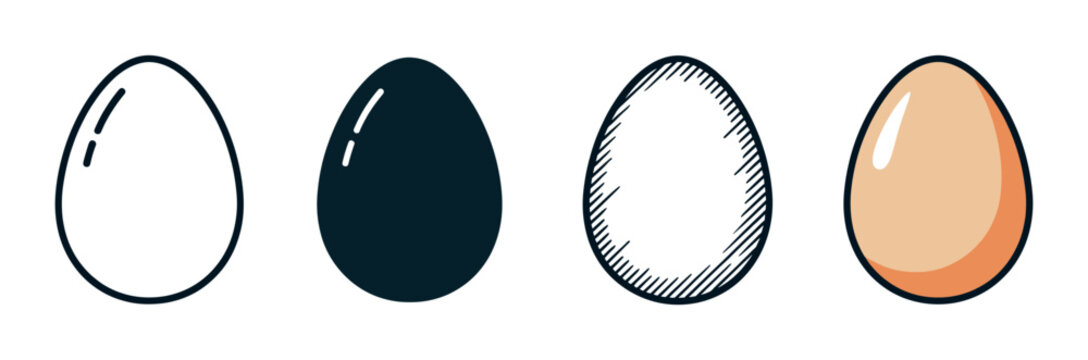 Set of four egg icons presented in various graphic styles, including simple line art, a solid silhouette, a hand-drawn sketch, and a flat color cartoon illustration