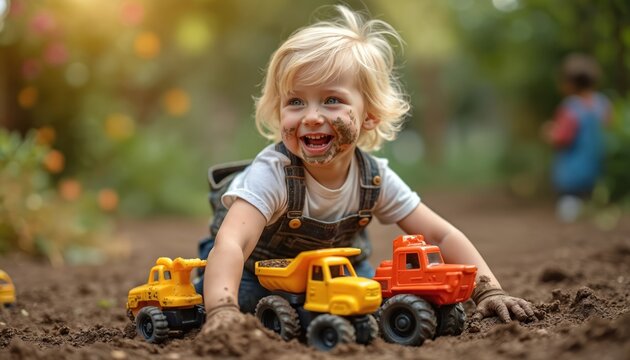 Happy blond toddler plays with toy trucks in garden dirt. Messy child enjoys outdoor fun with construction vehicles. Boy laughs, explores nature, learns through play.