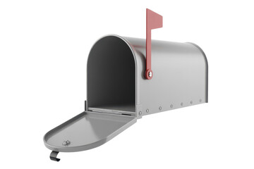 Open silver mailbox with red flag up