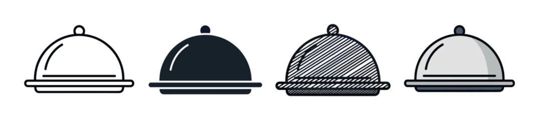 Obraz premium Set of four food cloche icons presented in various design styles including simple outline, solid silhouette, hand-drawn sketch, and a colored flat design illustration