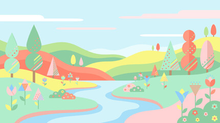 Naklejka premium A stylized landscape illustration depicting a colorful river flowing through rolling hills and trees.