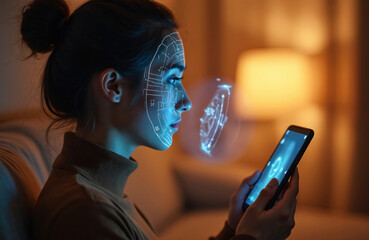 Woman uses smartphone for facial recognition. Her face displays futuristic digital scan lines, showing biometric ID verification. Modern tech unlocks device and accesses information.