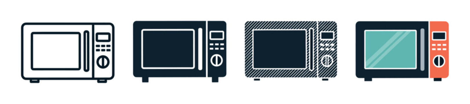 Set of four microwave oven icons presented in various modern graphic styles including simple outline, solid silhouette, hatched texture, and flat color design