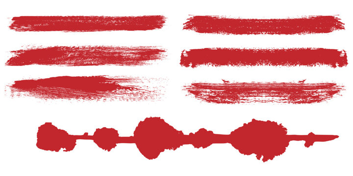 Straight red ink vector lines pack. Bloody color long and round hand-drawn brushstroke text highlights, frames, circles. Asian calligraphy brushstroke set. Rough grunge abstract blood color scribbles