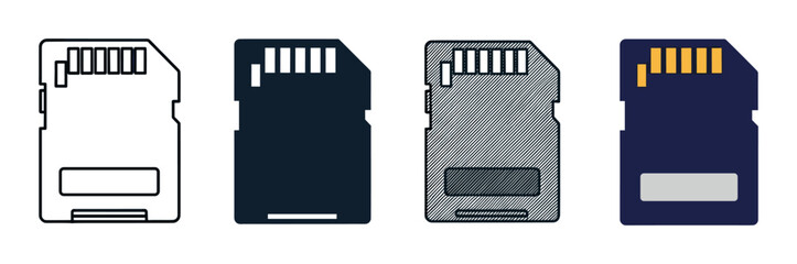 Set of four micro memory cards presented in various graphic design styles, including a simple outline, a solid silhouette, a textured version, and a flat color icon