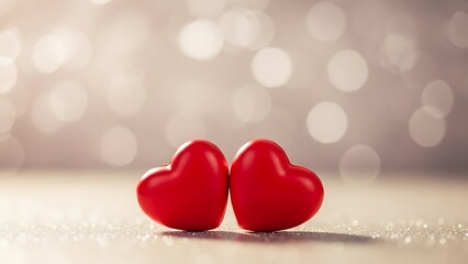 Romantic valentine's day wallpaper with twin red hearts on blurred bokeh background