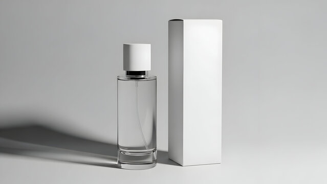 Perfume bottle and packaging on a plain background