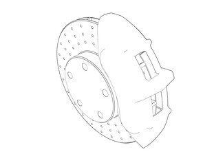 Detailed Line Art Schematic of Car Disc Brake Rotor and Caliper Component. Simple Monochrome Engineering Outline Illustration for Automotive Repair, Technical Drawing, and Industrial Design Concepts