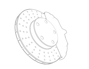 Detailed Line Art Schematic of Car Disc Brake Rotor and Caliper Component. Simple Monochrome Engineering Outline Illustration for Automotive Repair, Technical Drawing, and Industrial Design Concepts
