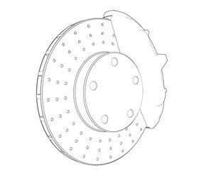 Detailed Line Art Schematic of Car Disc Brake Rotor and Caliper Component. Simple Monochrome Engineering Outline Illustration for Automotive Repair, Technical Drawing, and Industrial Design Concepts