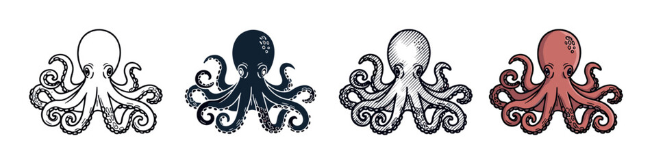 Set of four octopus illustrations in various artistic styles, including a simple outline, a dark silhouette, a classic engraving, and a full-color cartoon drawing