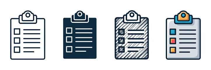 Set of four clipboard checklist icons in different graphic styles including simple line art, a solid glyph, a hand drawn sketch, and a colorful cartoon illustration