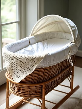 Wicker Baby Bassinet with White Bedding in Sunlit Nursery Interior