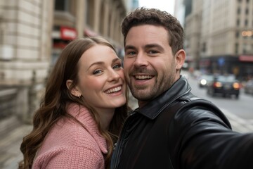 Fototapeta premium Smiling Couple Takes Selfie on City Street