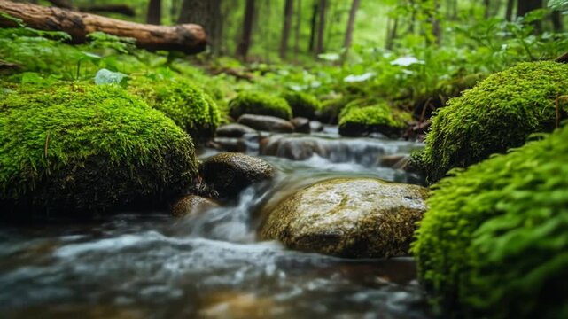 Tranquil forest stream with moss covered rocks and flowing water