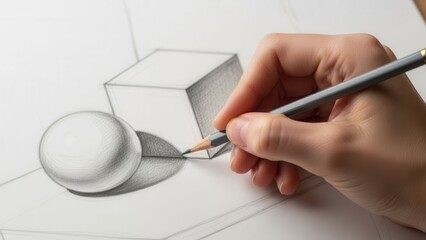 Artist hand drawing sphere and cube with pencil, practicing light and shadow, art studio concept