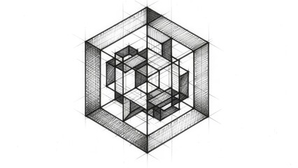 Abstract Geometric Cube Structure, Isometric Drawing, Wireframe Design, Architectural Blueprint Sketch