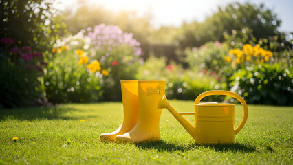 Rain boots and watering can in garden, sunny day, minimal setup