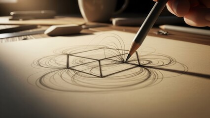 Artist Drawing Magnetic Field Lines Around a 3D Cube Sketch