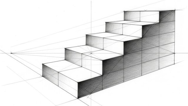 Pencil Drawing of Stairs in Two-Point Perspective, Artistic Sketch of Architectural Steps