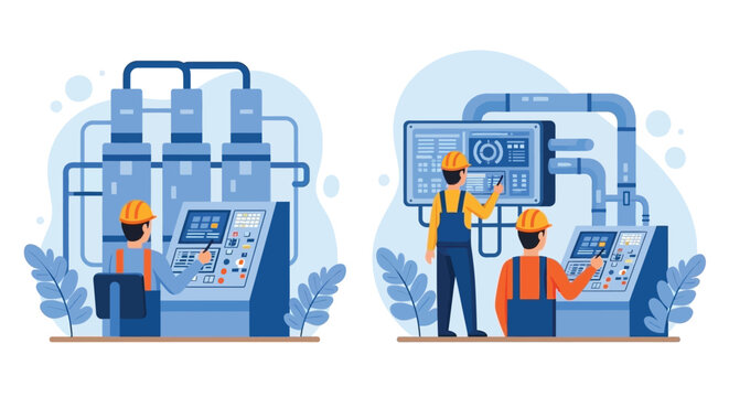 Industrial control room with workers monitoring complex machinery and systems