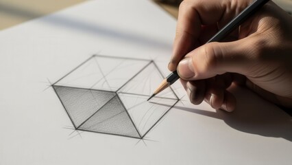 Hand drawing geometric cube sketch with pencil on white paper, close-up