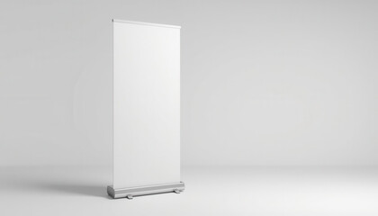 Blank white roll up banner stand mockup on gray background vertical display template for exhibition advertising design