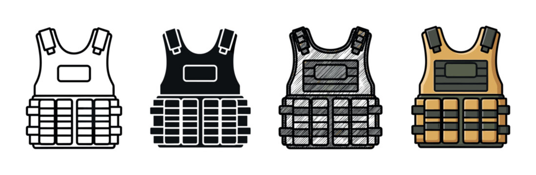 Four military body armor vest illustrations in a collection of styles, including simple outline, solid silhouette, hand-drawn sketch, and a flat color cartoon design