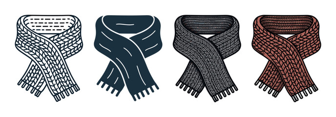 Set of four illustrated winter scarves with different textures and patterns in a hand-drawn graphic style, showing various cozy knitted neckwear accessories for cold weather