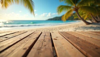 Wooden planks on a sandy beach with ocean waves and palm trees. Clear blue sky and sun shine over tropical island shore. Peaceful seaside with sea breeze.