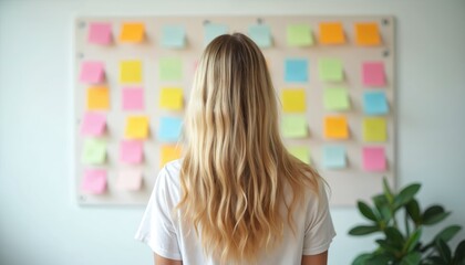 Woman faces wall covered in colorful sticky notes. She thinks planning ideas and organizing project tasks. This visual represents creativity and brainstorming.