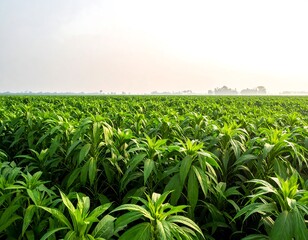 Lush Green Hemp Field Under Bright Sky.