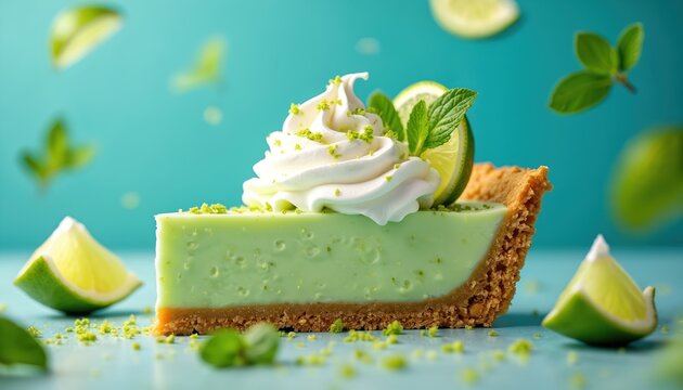 Slice of key lime pie with creamy whipped topping garnished with mint leaves and lime slices. Tart citrus dessert on graham cracker crust. Refreshing sweet treat for summer.