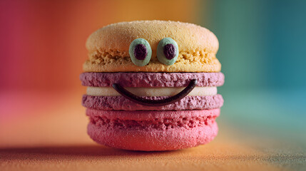 un macarron frances animado con ojos y boca comida dulce colorida sobre un fondo desenfocado galletas deliciosas postre y divertido