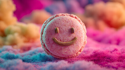 acercamiento de una galleta rosa con ojos y boca decorativa dise&ntilde;o de postre animada sobre una cama de colores con textura esponjosa encantadora