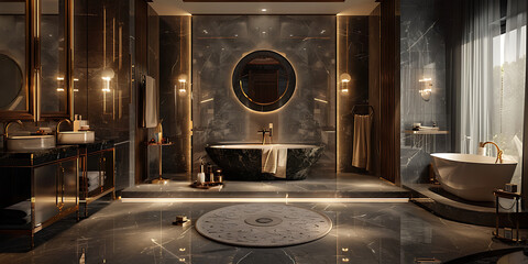 Luxurious Bathroom with Dark Marble and Freestanding Tub