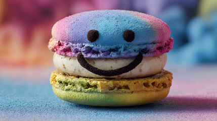 una galleta macarron francesa colorida deliciosa animada con rostro animado sobre un fondo colorido divertido galletas crujientes 