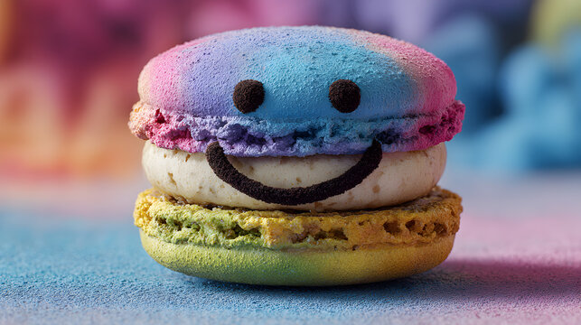 una galleta macarron francesa colorida deliciosa animada con rostro animado sobre un fondo colorido divertido galletas crujientes 