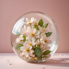 Delicate white flowers in a clear glass vase on pink background