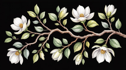 Magnolia Branch Watercolor | Elegant Floral Design | Black Background