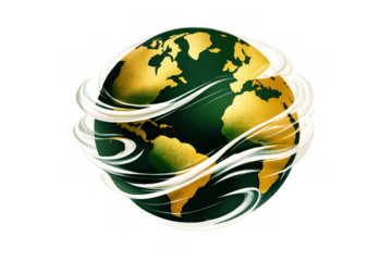 Earth globe depicting global environment, ecology, and natural resources with swirling air currents on a transparent background