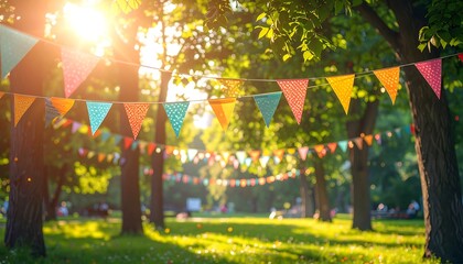 Colorful Party Flags in Park Trees.